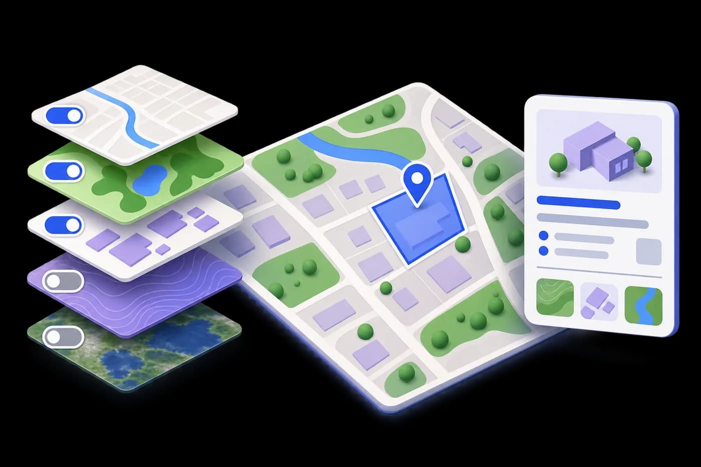 GIS tool explainer: distinct toggled map layers, a parcel selection marker and information panel
