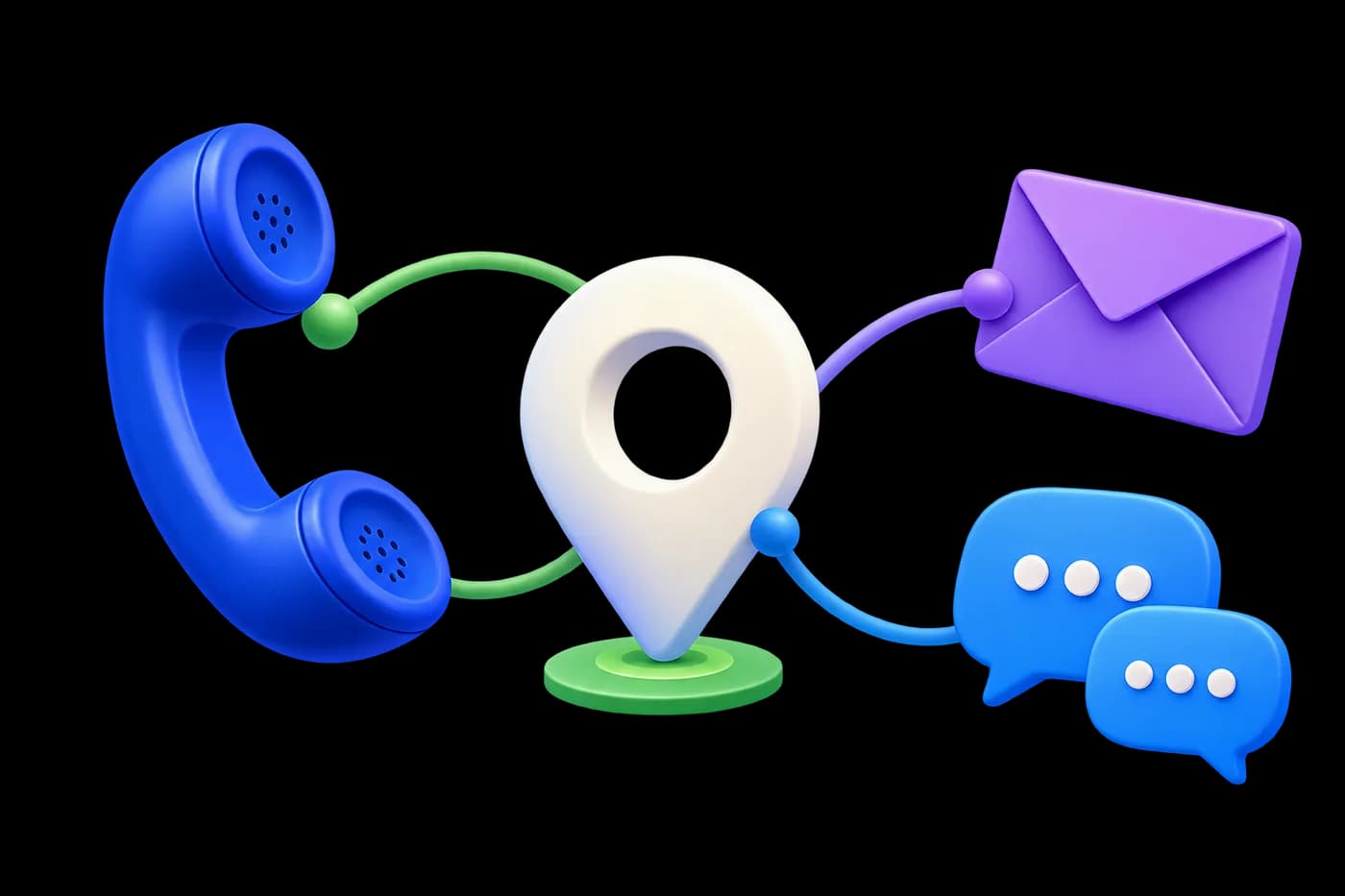 A cobalt telephone handset, violet envelope and blue chat bubbles connected around a central location pin