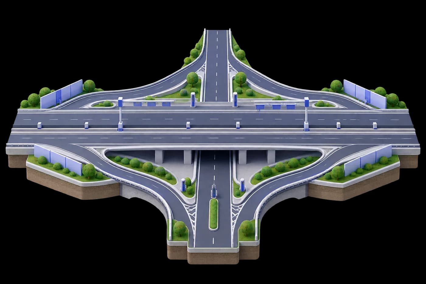 A cross-section of a planned road with controlled entry points and connections.