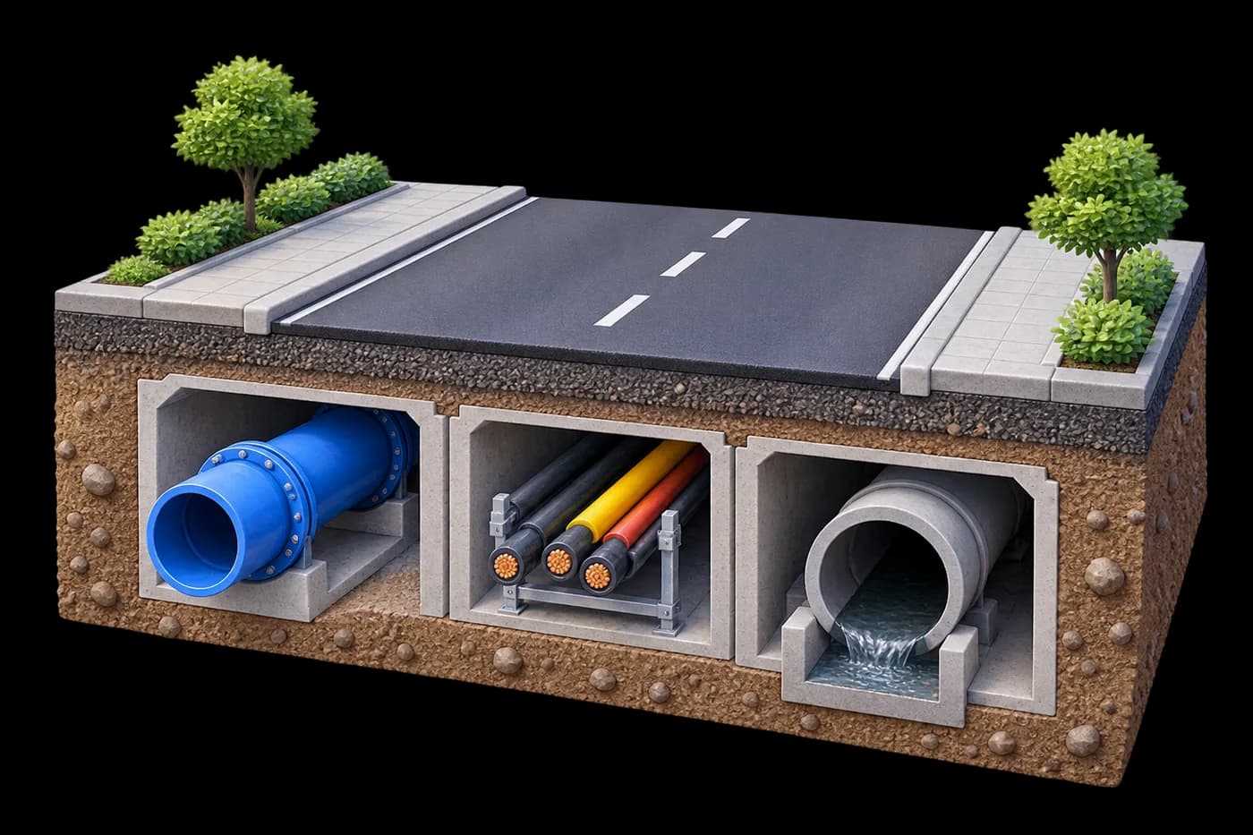A labelled cut-away under a city road showing separate ducts for water, electricity and drainage.