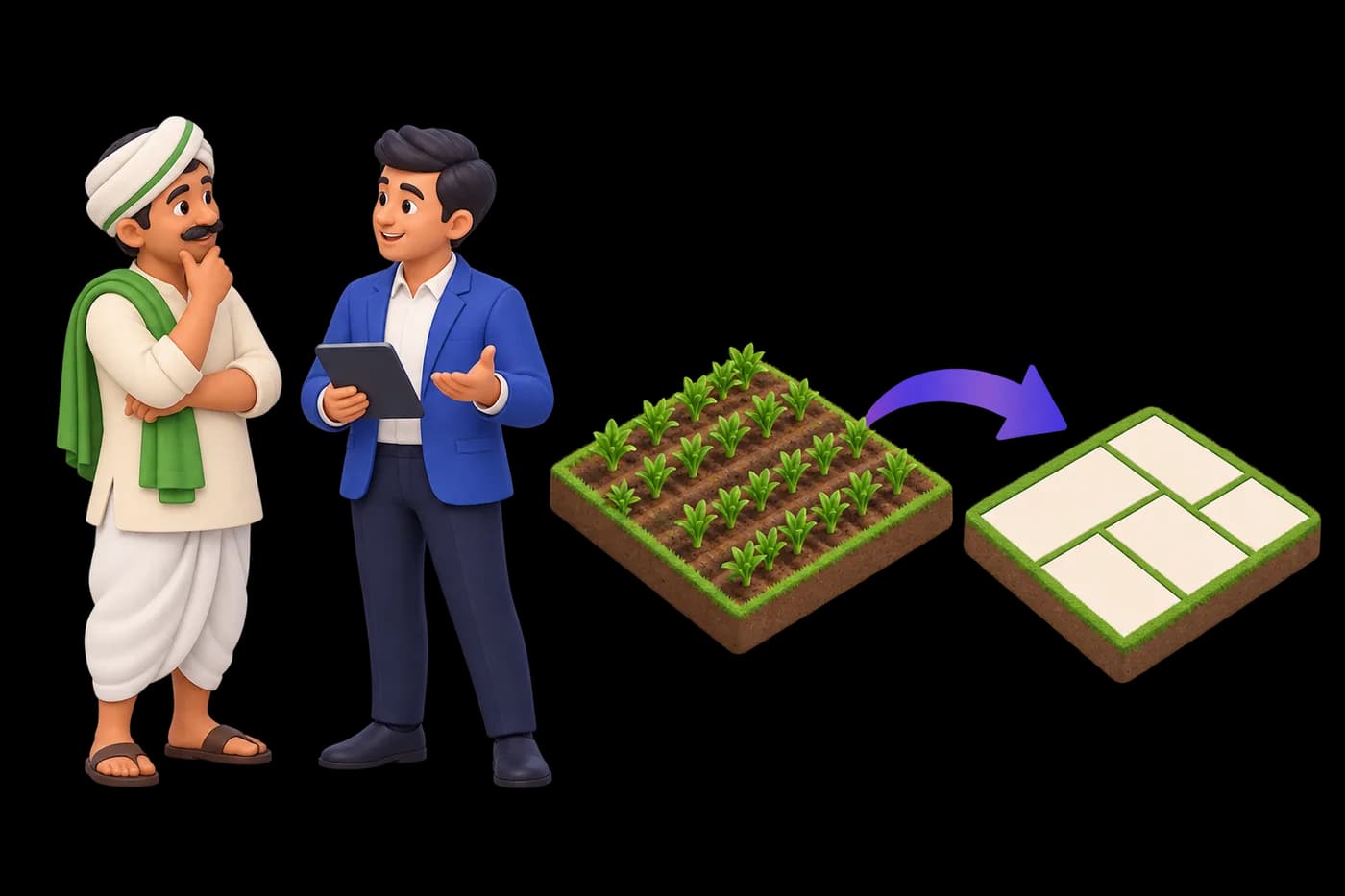 A farmer discussing land pooling with an adviser