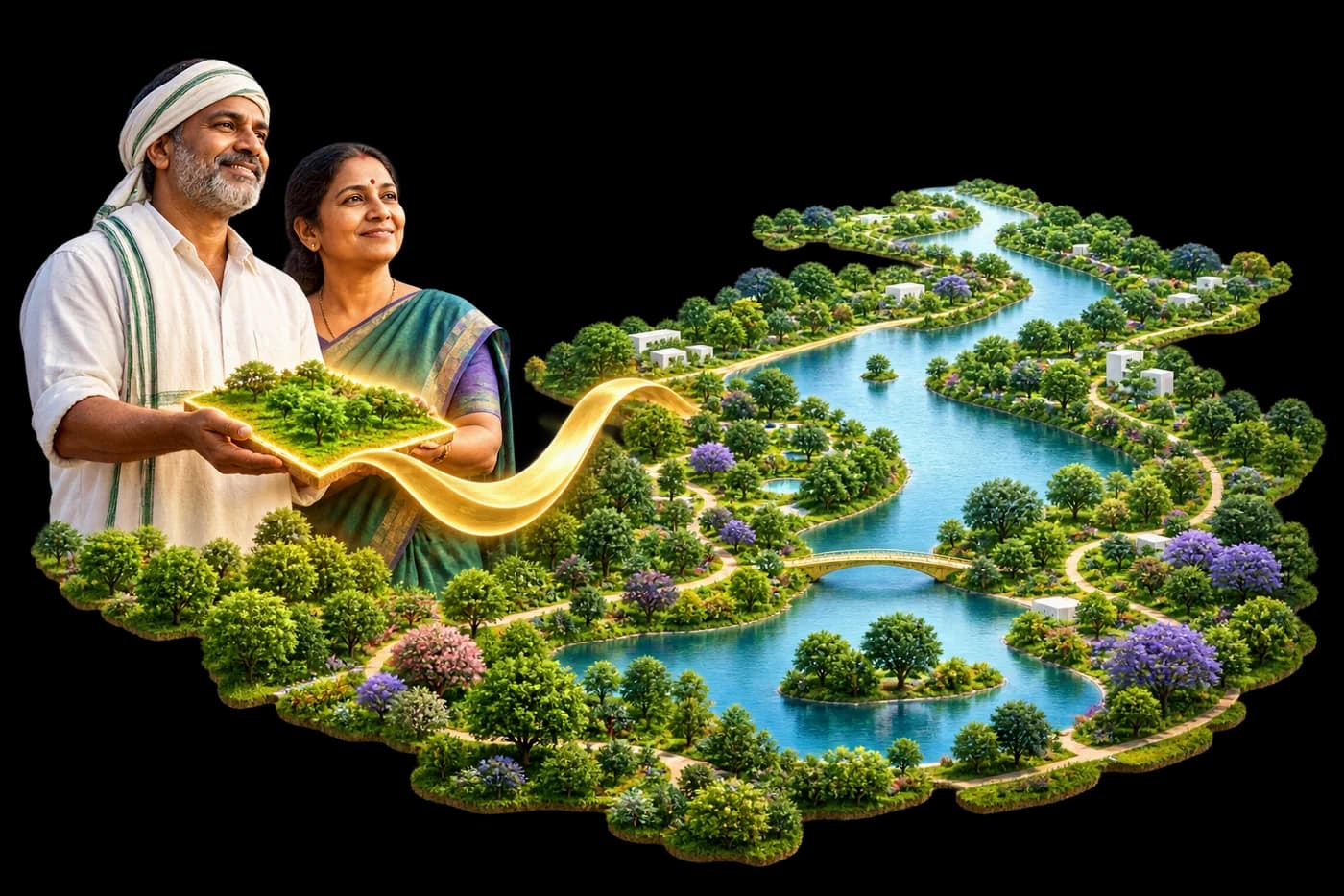 A farmer couple presents gold-edged land connected by a golden ribbon to green parks and blue waterways