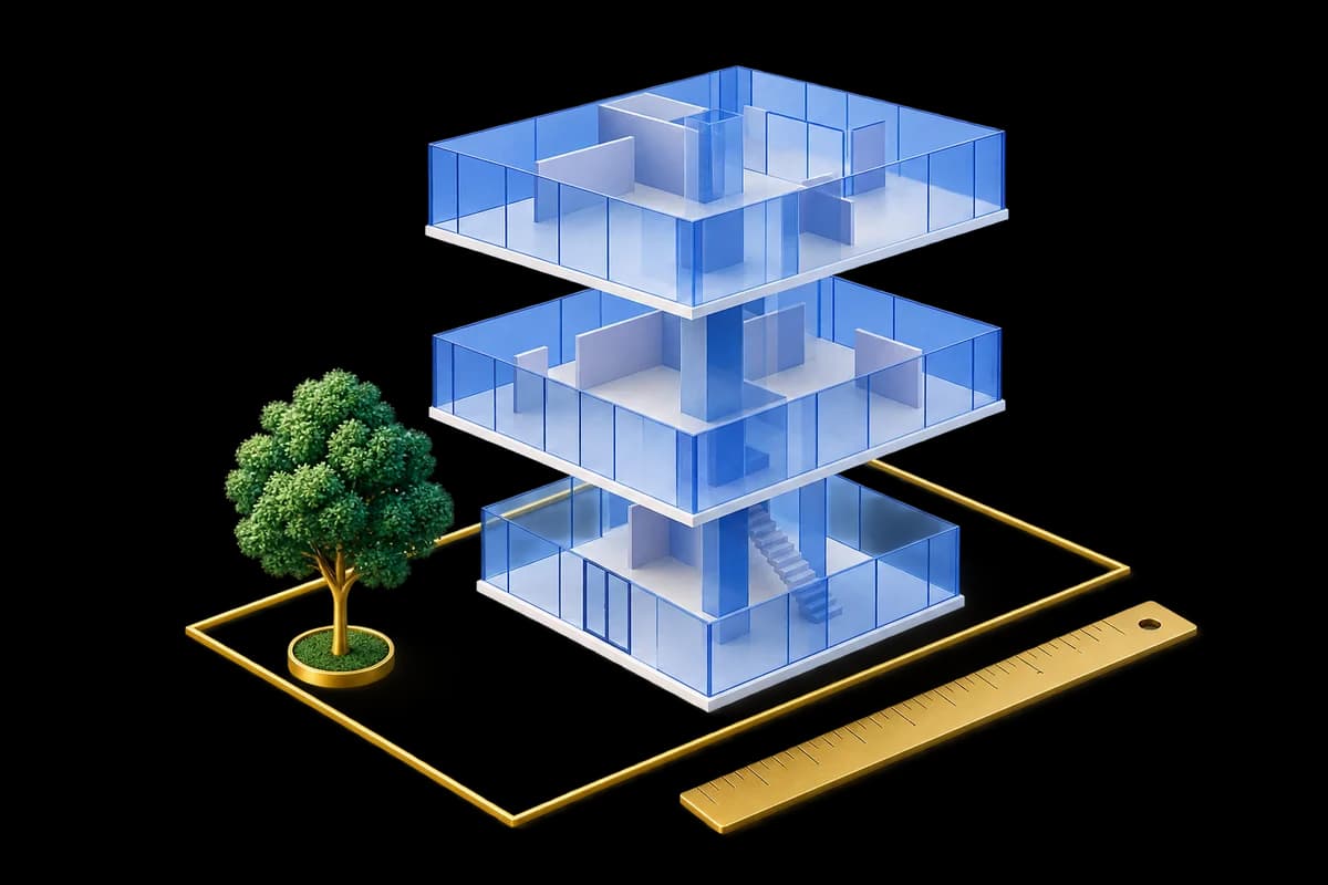 Transparent blue floor plates above a plot boundary, with a measuring ruler.