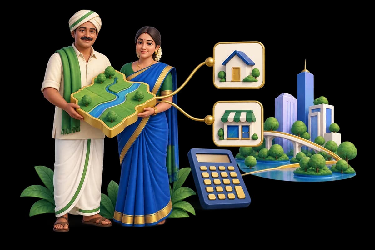 Farmer couple with a gold-edged land tile, residential and commercial symbols and a calculator.