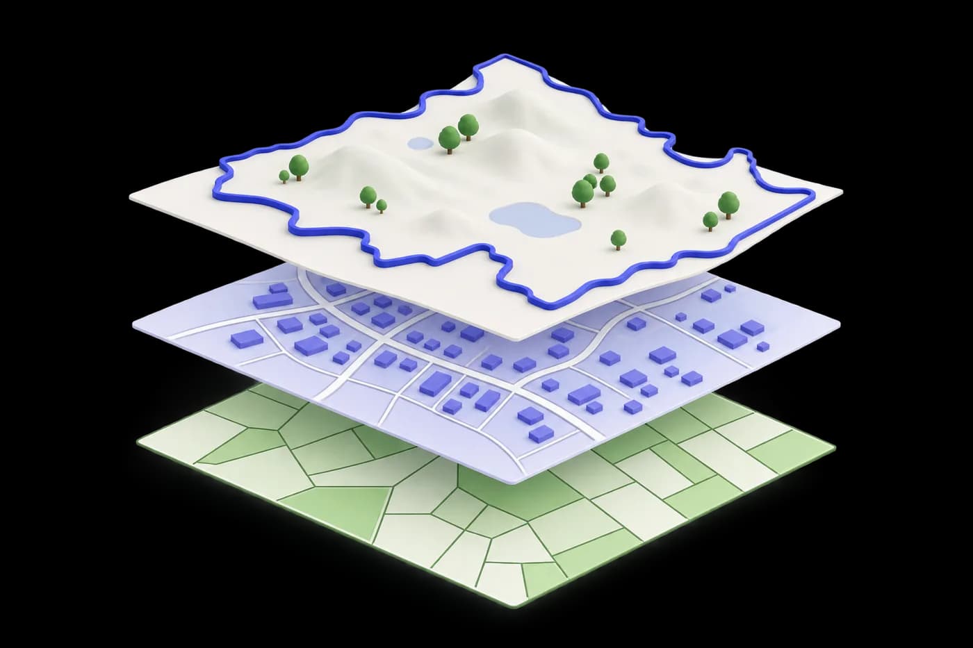 LPS mapping explainer: separate village boundary, layout and plot layers shown as a three-layer stack