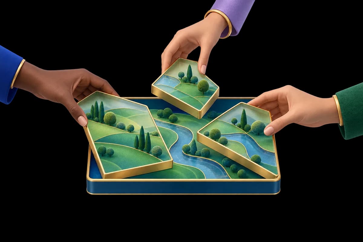 Three hands combine gold-edged land tiles into a shared blue-green frame.