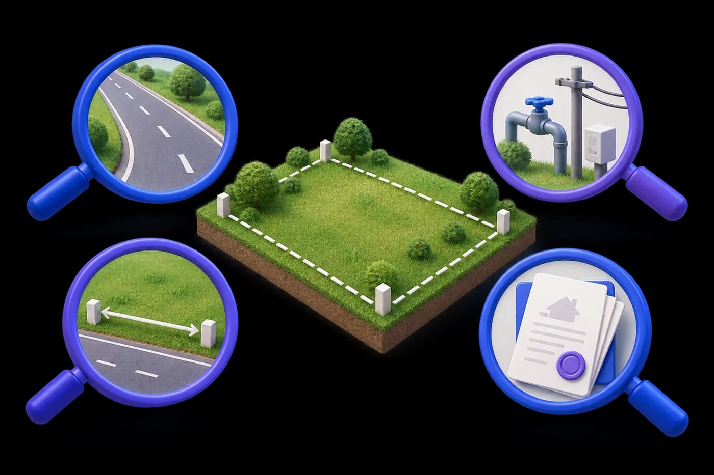 Four checks around a residential plot: the access road, the frontage, the services and the papers.