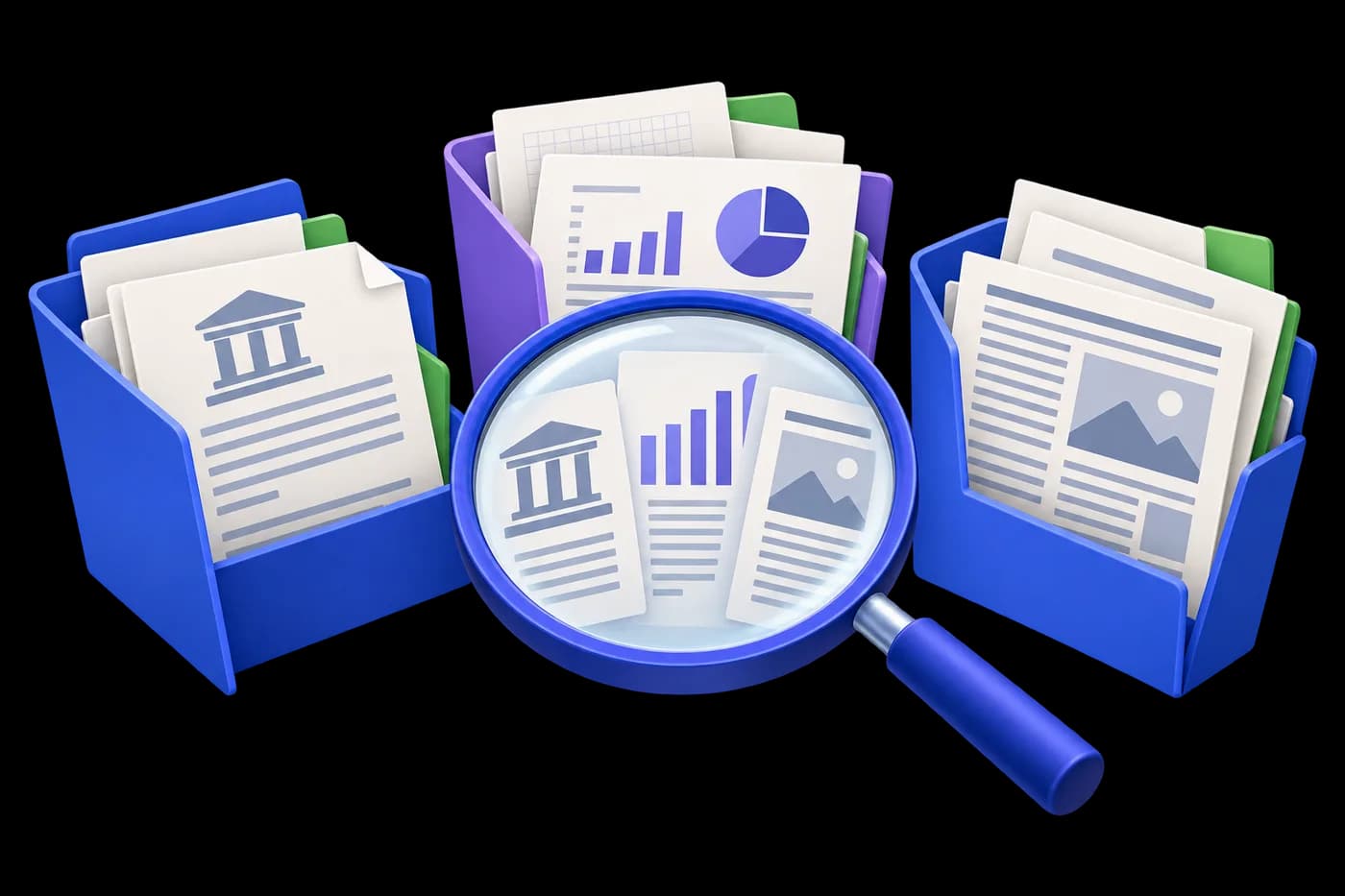 Three open folders for public documents, institutional research and news reports.