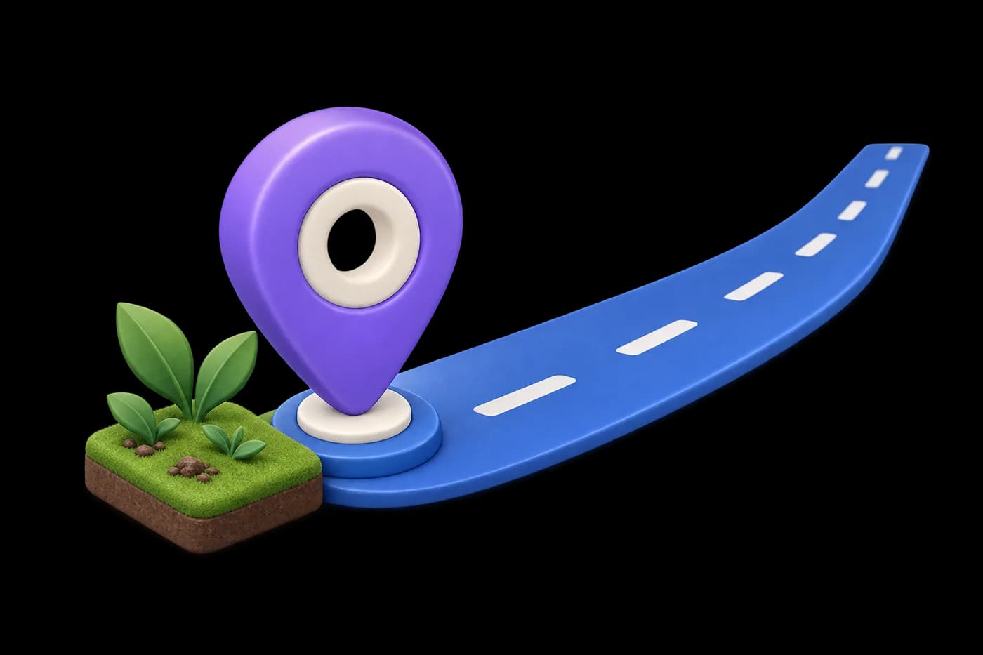 A location pin at the start of a straight blue road ribbon; a small planted soil tile beside it