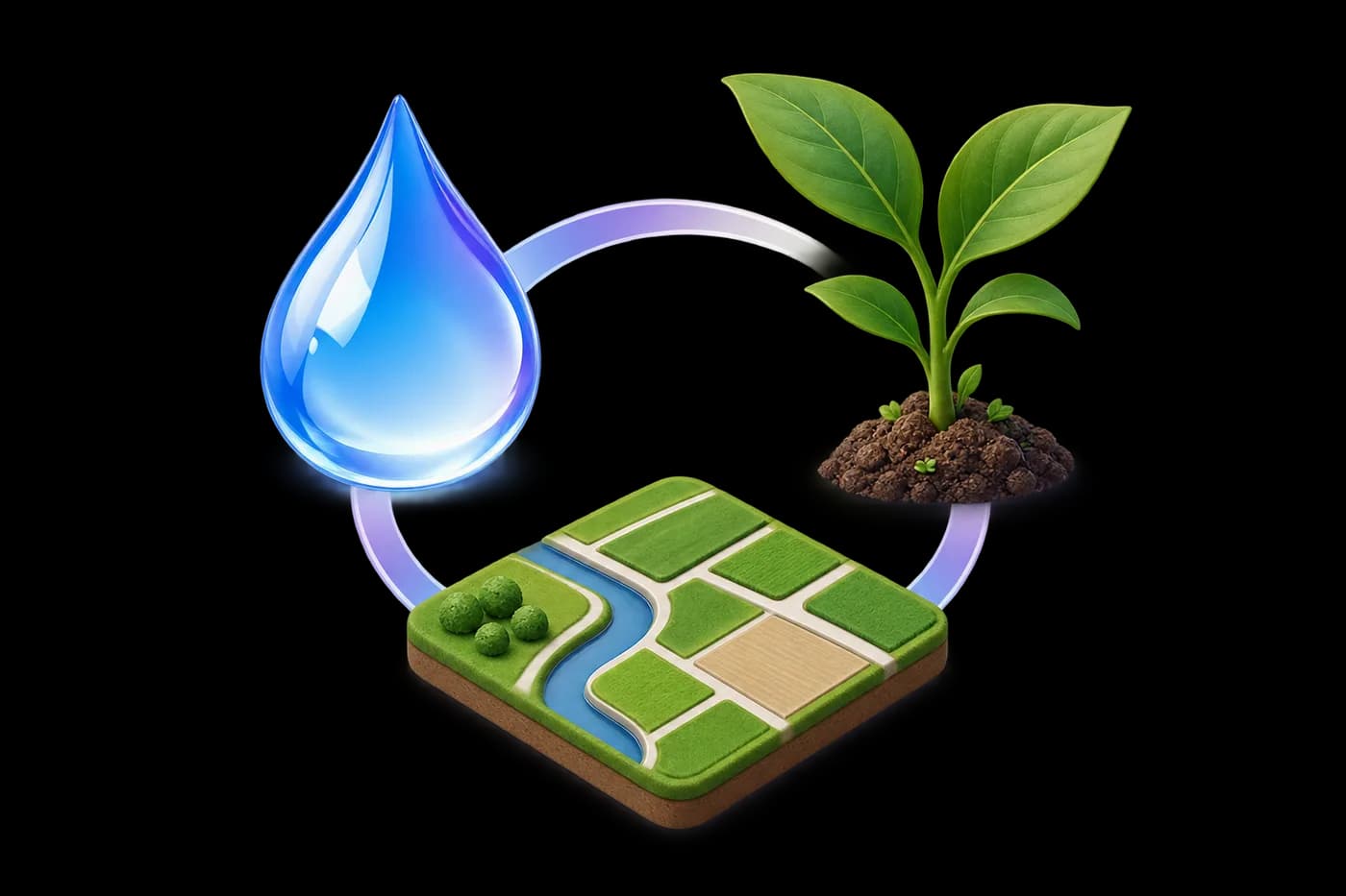 A clean-water droplet, a healthy sapling and a land-layout tile connected in a small triangular composition