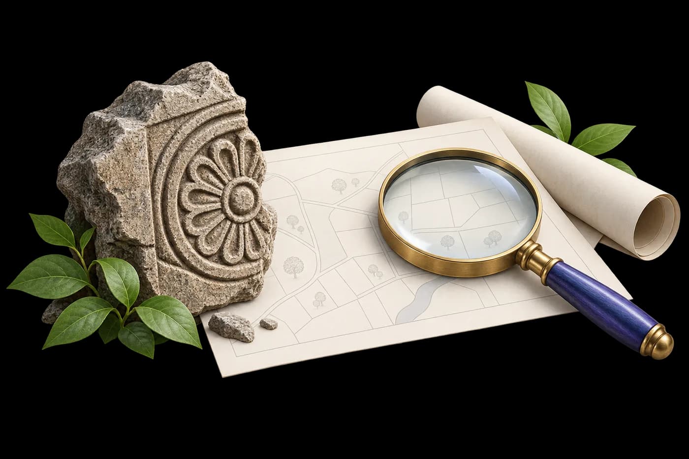 A stone-texture fragment beside a magnifying lens over a blank layout sheet, heritage research and land-record motif.