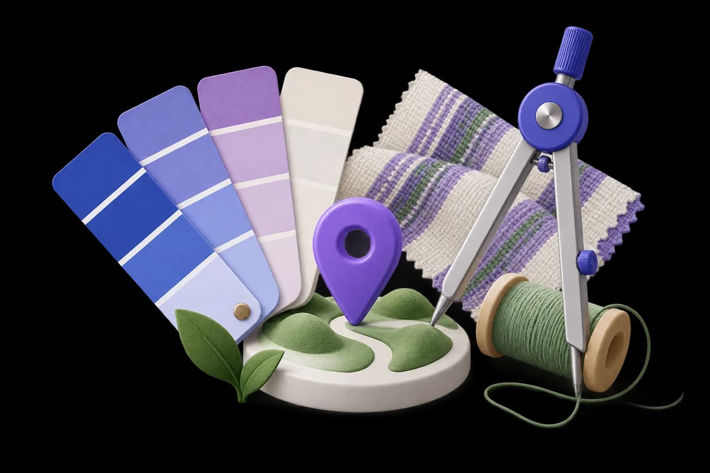 A designer’s color swatches, textile weave and drafting compass around a small location pin, education and design motif.