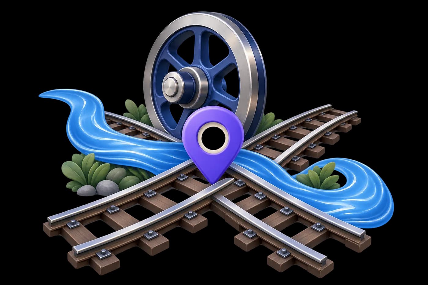 A railway wheel, two crossing rail strips and a flowing blue river ribbon separated by a location pin