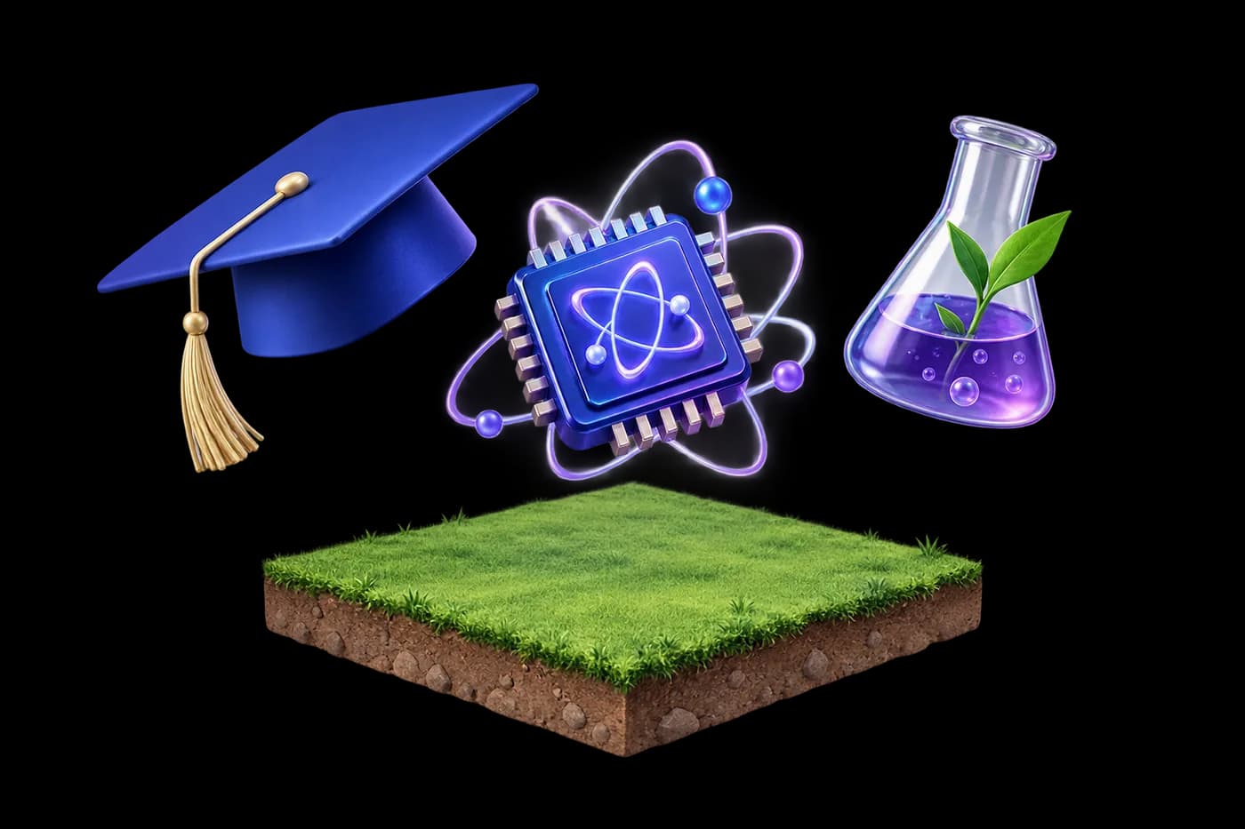 A graduation cap, quantum chip and laboratory flask above an unbuilt blank land tile
