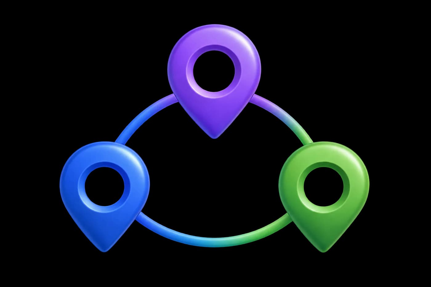 Three large location pins, cobalt, violet and green, joined by three clean curved links in a triangular relationship diagram