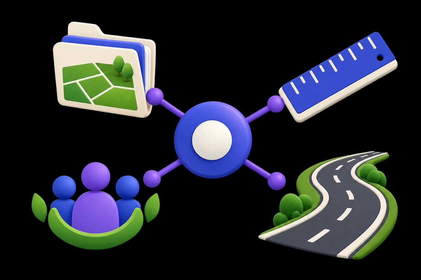A central coordination node connects to a land-record folder, a ruler, a community symbol and a road strip