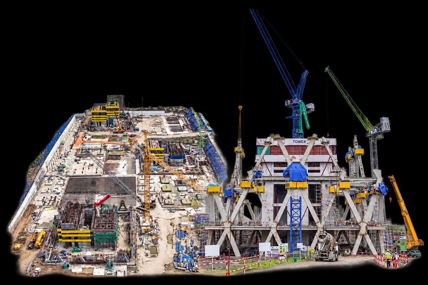 Two separate views of government tower construction with cranes and foundation works