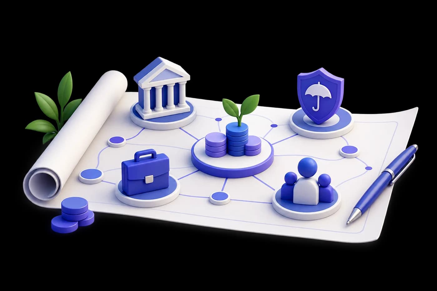 Business, bank, insurance and services symbols linked on a planning sheet.