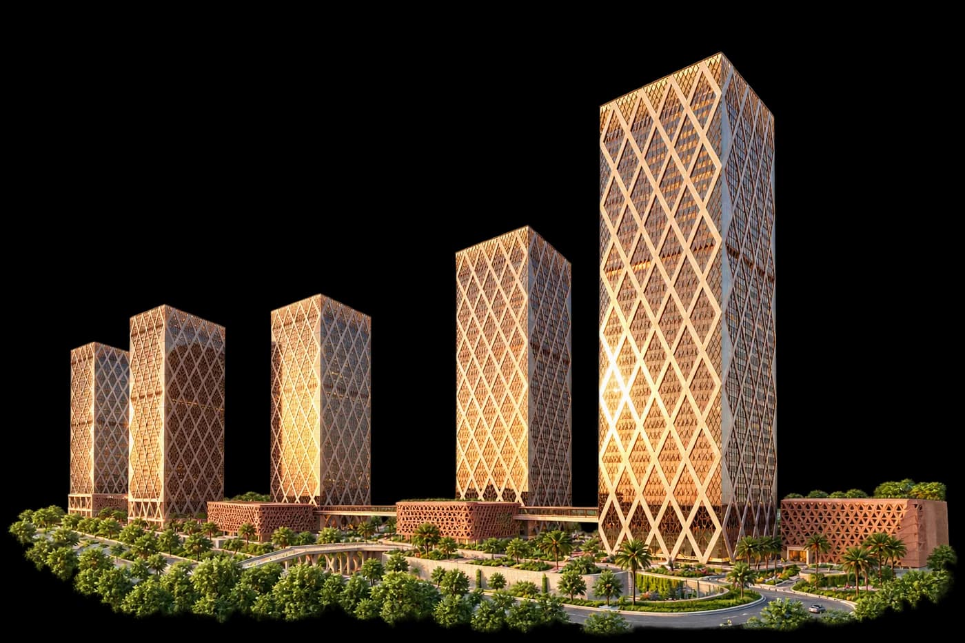 Government complex towers and landscaped podium