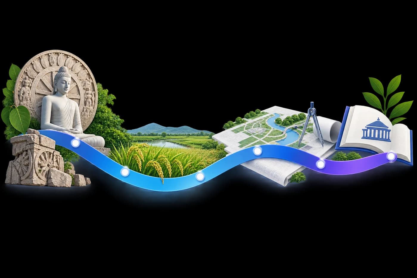 A chronological ribbon linking a Buddhist heritage motif, agricultural roots, capital planning and modern governance