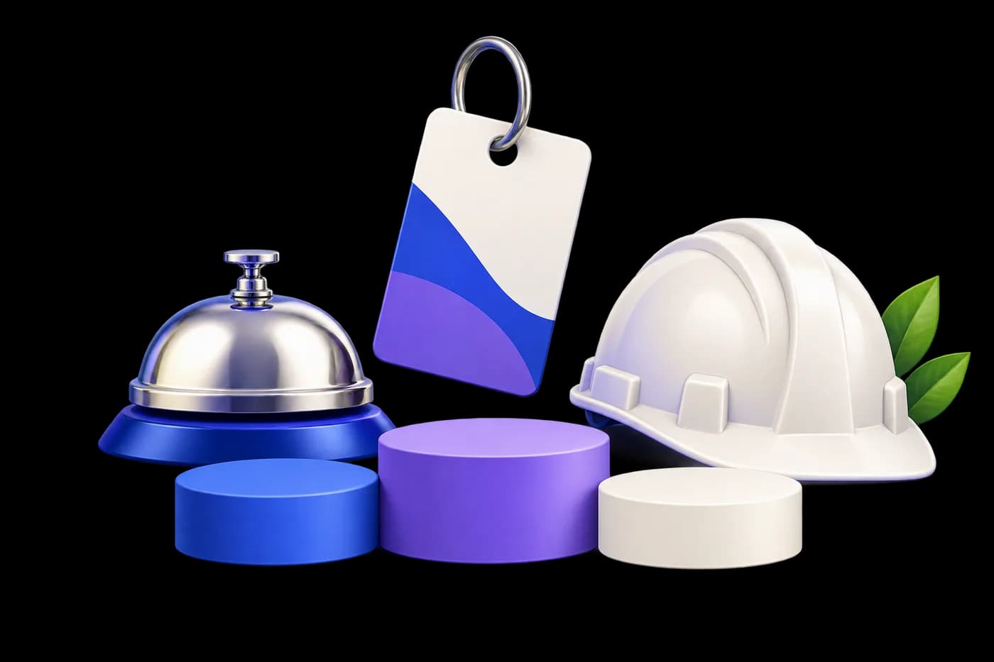 A hotel reception bell, hanging keycard and construction helmet beside three plain stage tokens