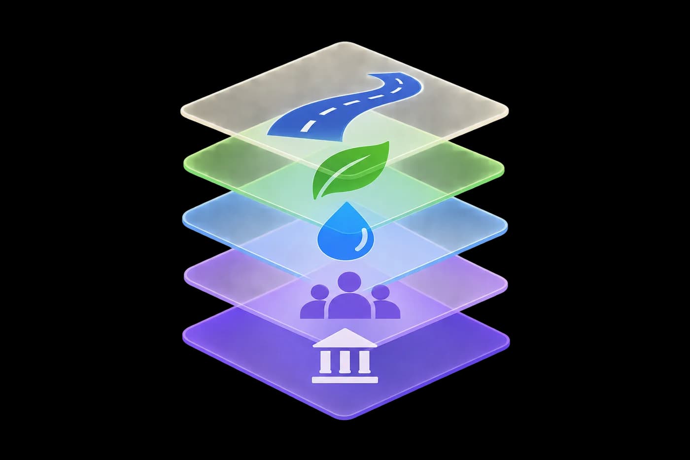 Five translucent planning-layer squares stacked slightly apart, with small symbols for a road, a leaf, a water droplet, a community and public services