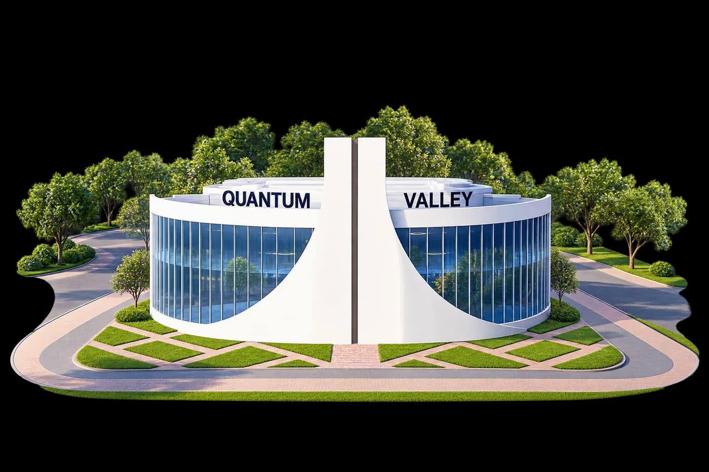Curved Quantum Valley building with a central white fin