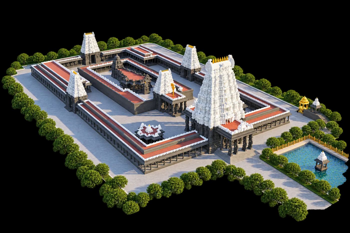 TTD temple complex with gopurams, enclosure and temple tank