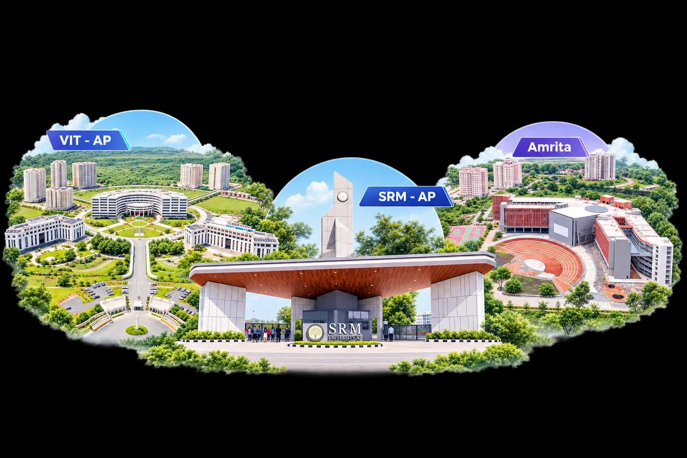 Separate views of the VIT-AP, SRM-AP and Amrita campuses