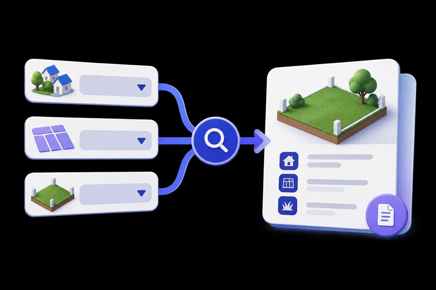 Plot search explainer: village, layout unit and plot ID fields flowing to a matching record card