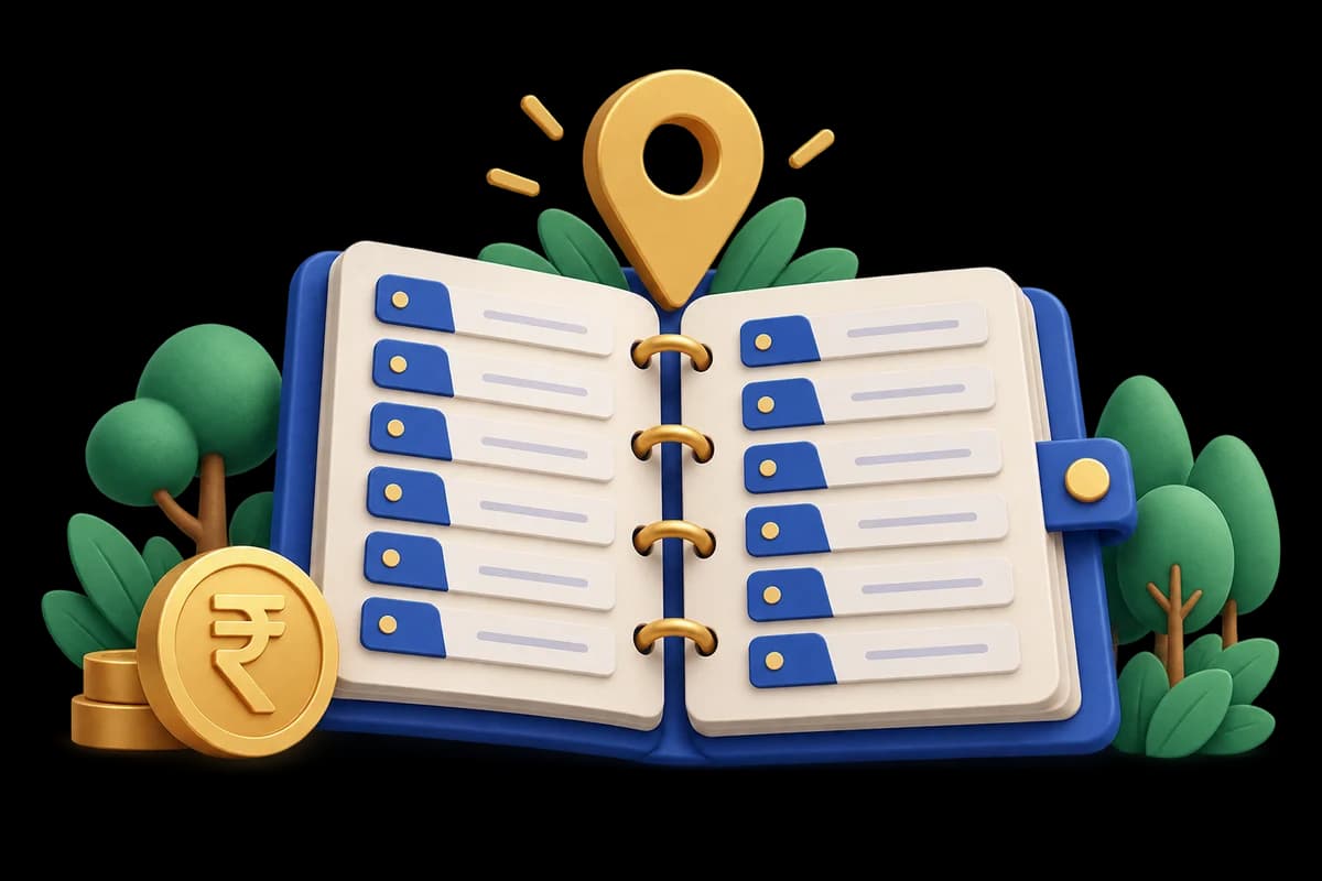Open banking directory with a golden location pin, rupee token and trees.