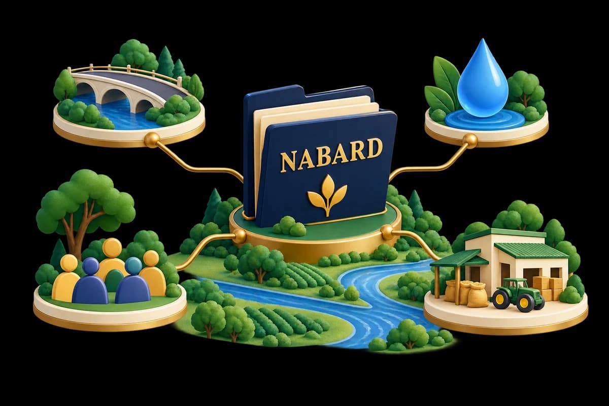 NABARD dossier connected to water, infrastructure and community symbols.