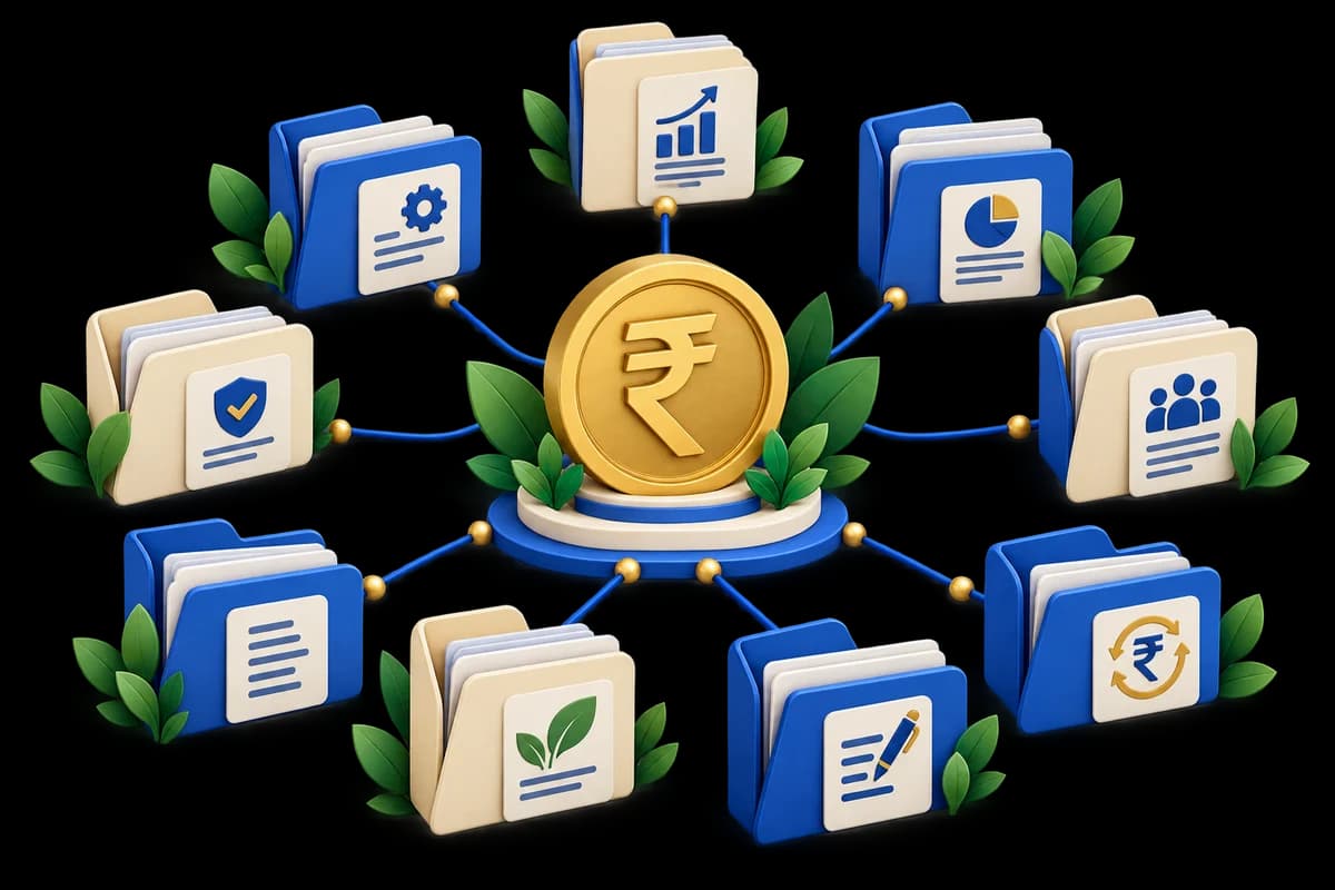 Bank project folders connected around a rupee symbol.
