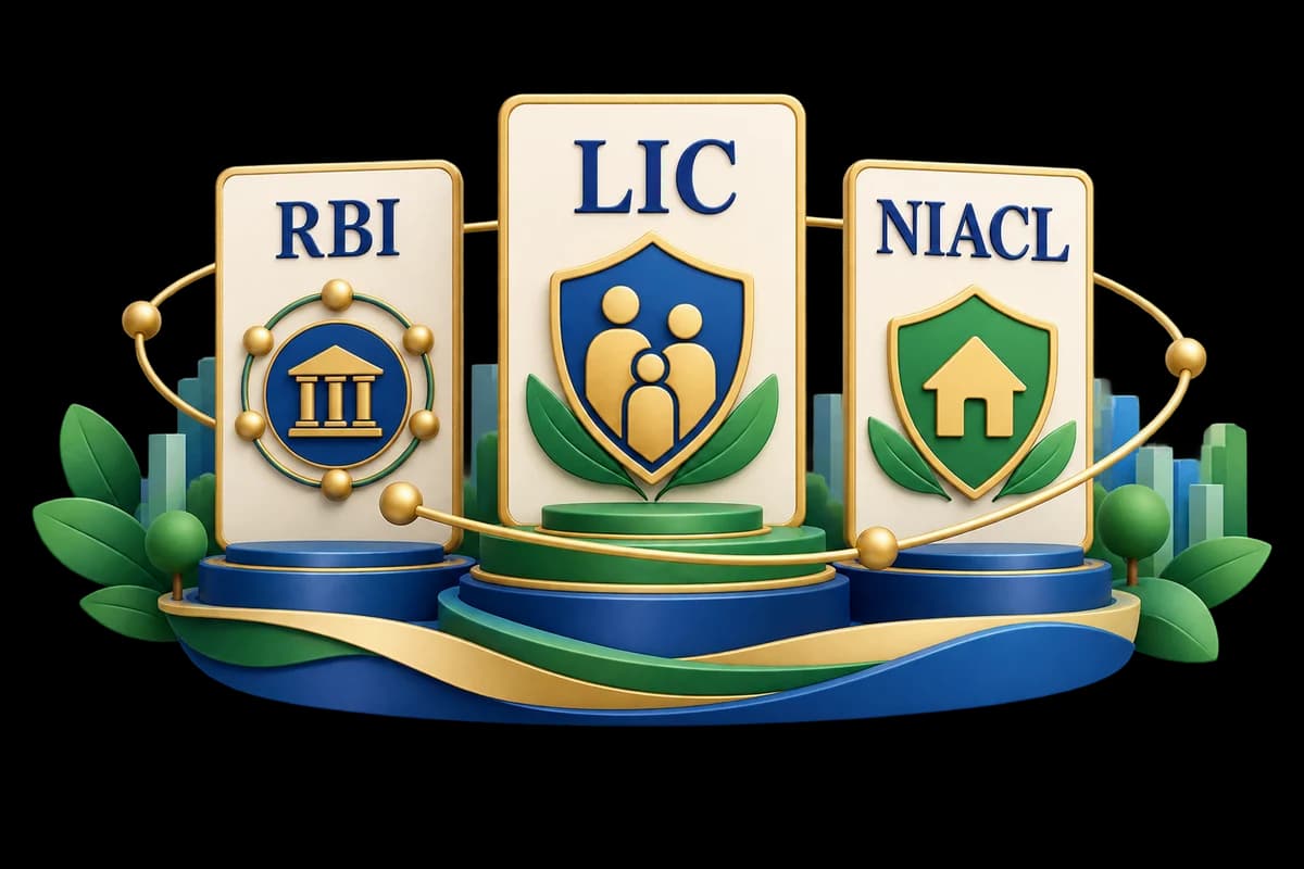 RBI, LIC and NIACL cards with separate institutional and insurance symbols.