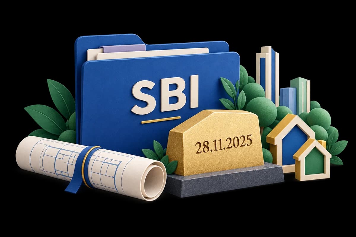 SBI document folder, foundation milestone dated 28 November 2025 and housing symbols.