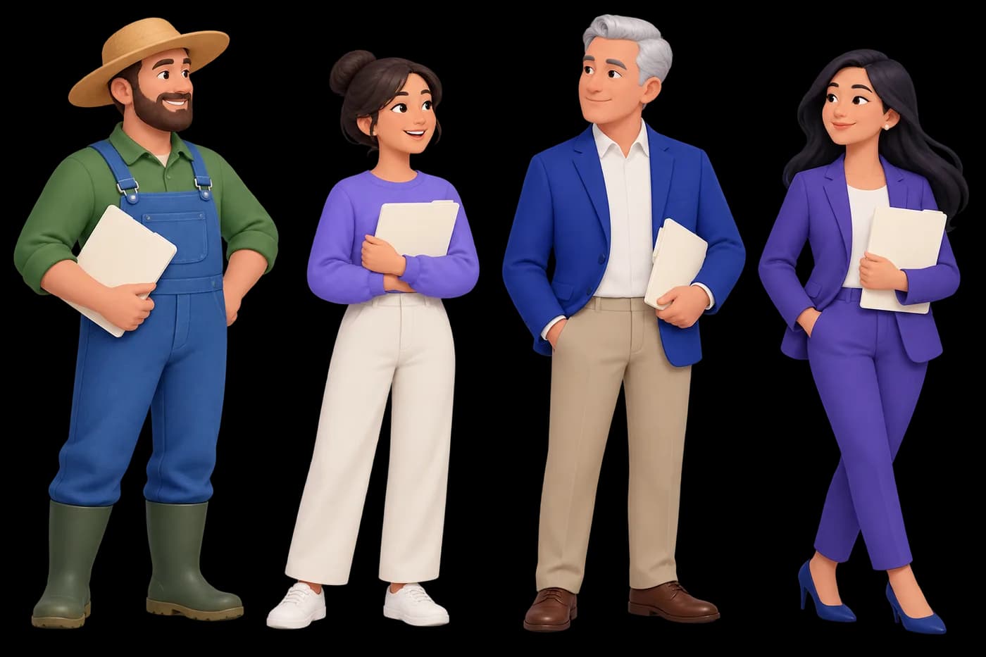Four separate people representing a farmer, first-time buyer, landowner and overseas buyer, with small blank folders