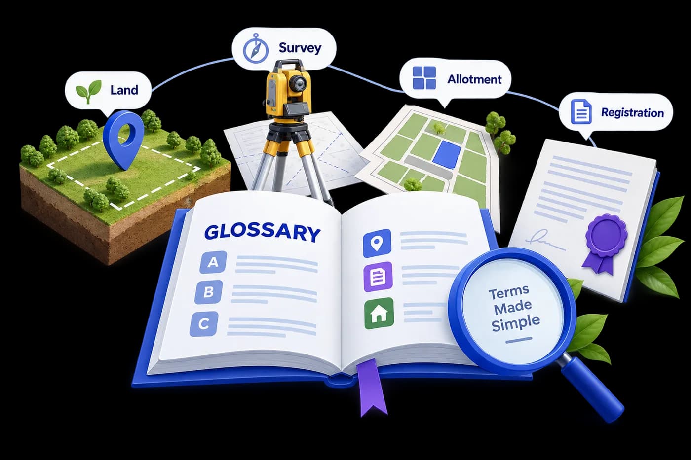 Property terminology explained as an open visual dictionary linking land, survey, allotment and registration symbols.