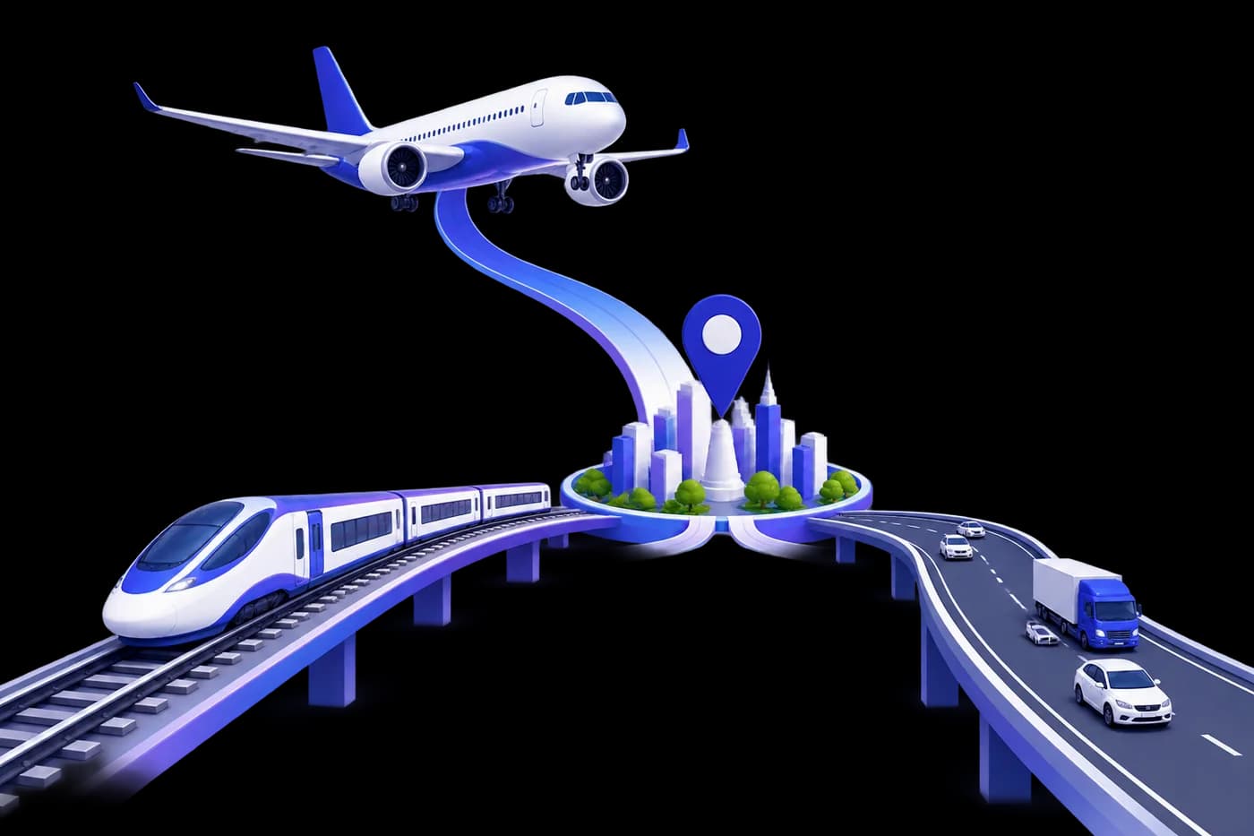 Road, rail and air routes meeting at Amaravati, drawn as a diagram rather than a map.
