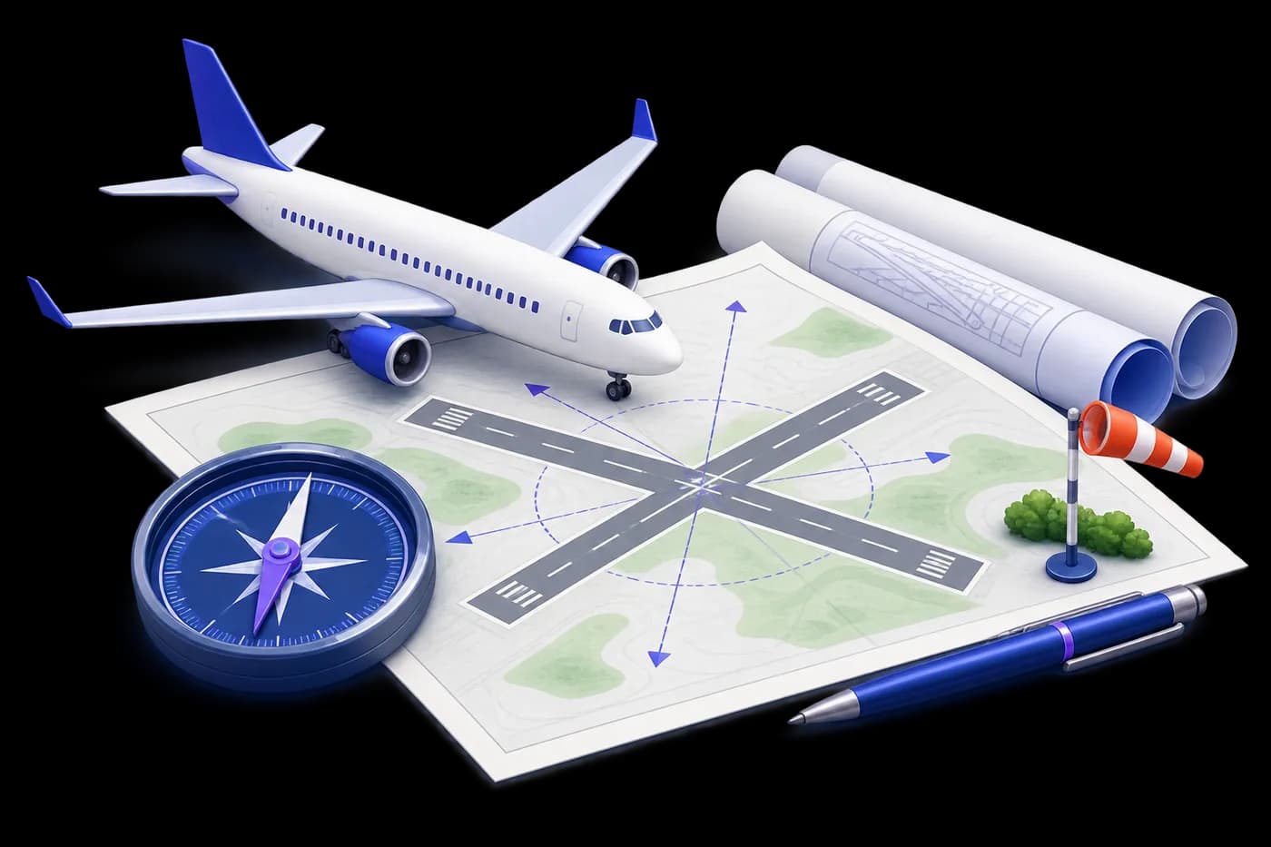 A runway study, an aircraft outline and a planning document for the proposed airport.
