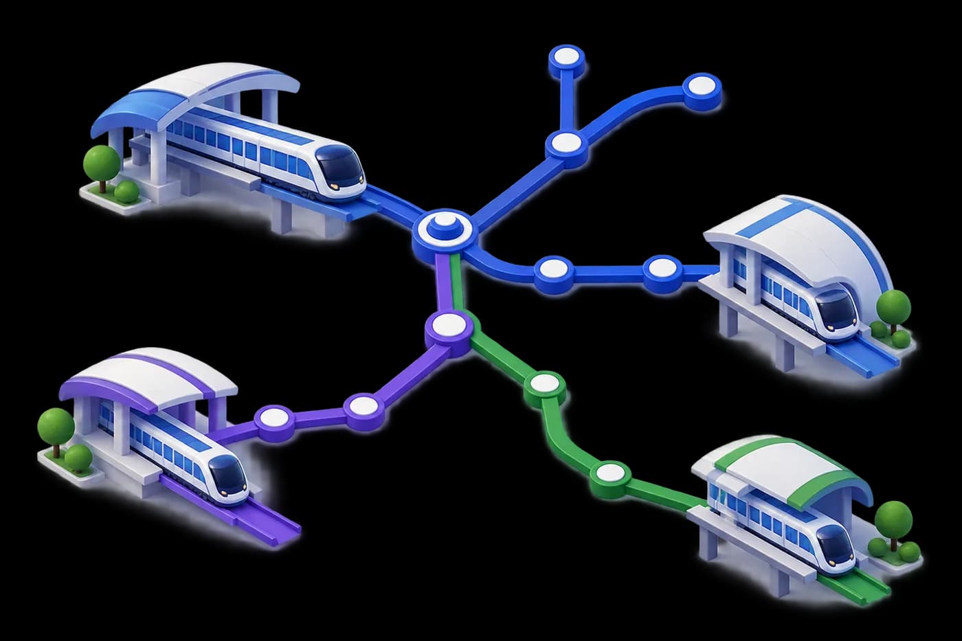 A simple metro network diagram with stations and interchanges.