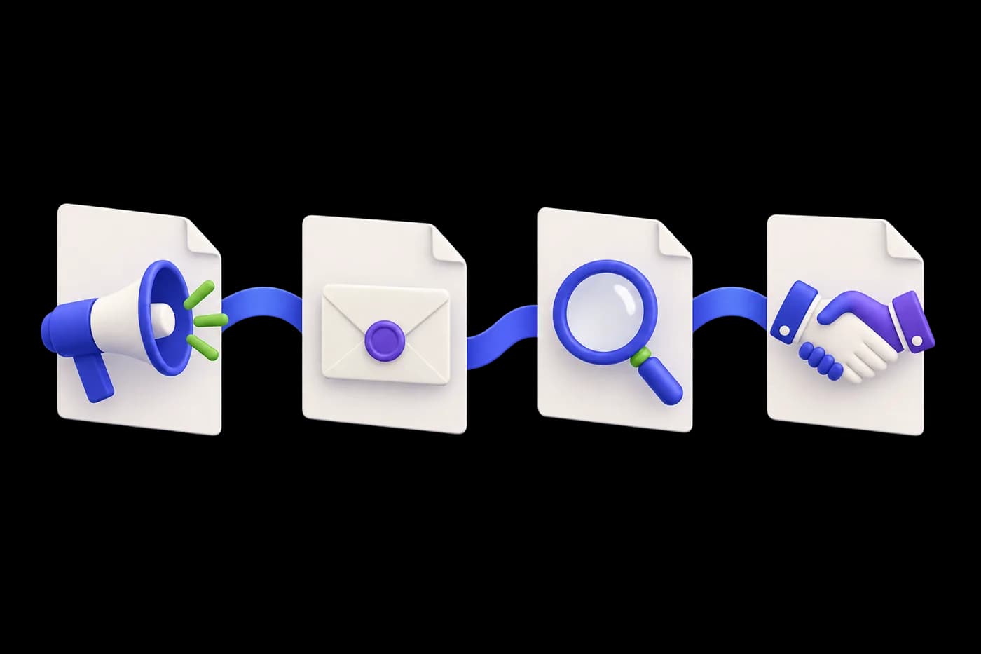 Four blank procurement documents with visual symbols: a megaphone, sealed envelope, magnifying lens, and handshake