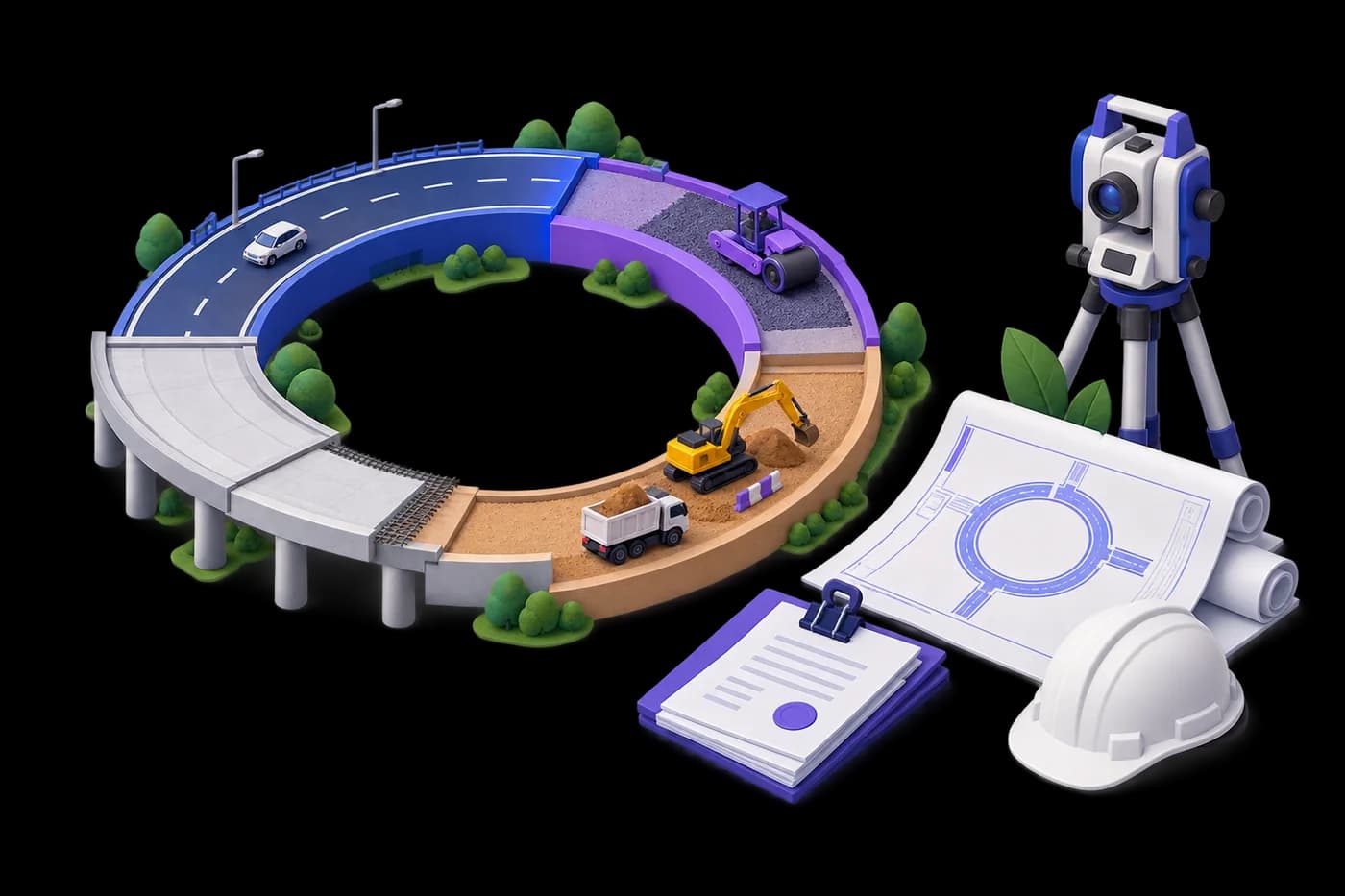 A circular road diagram beside surveying and tender symbols.