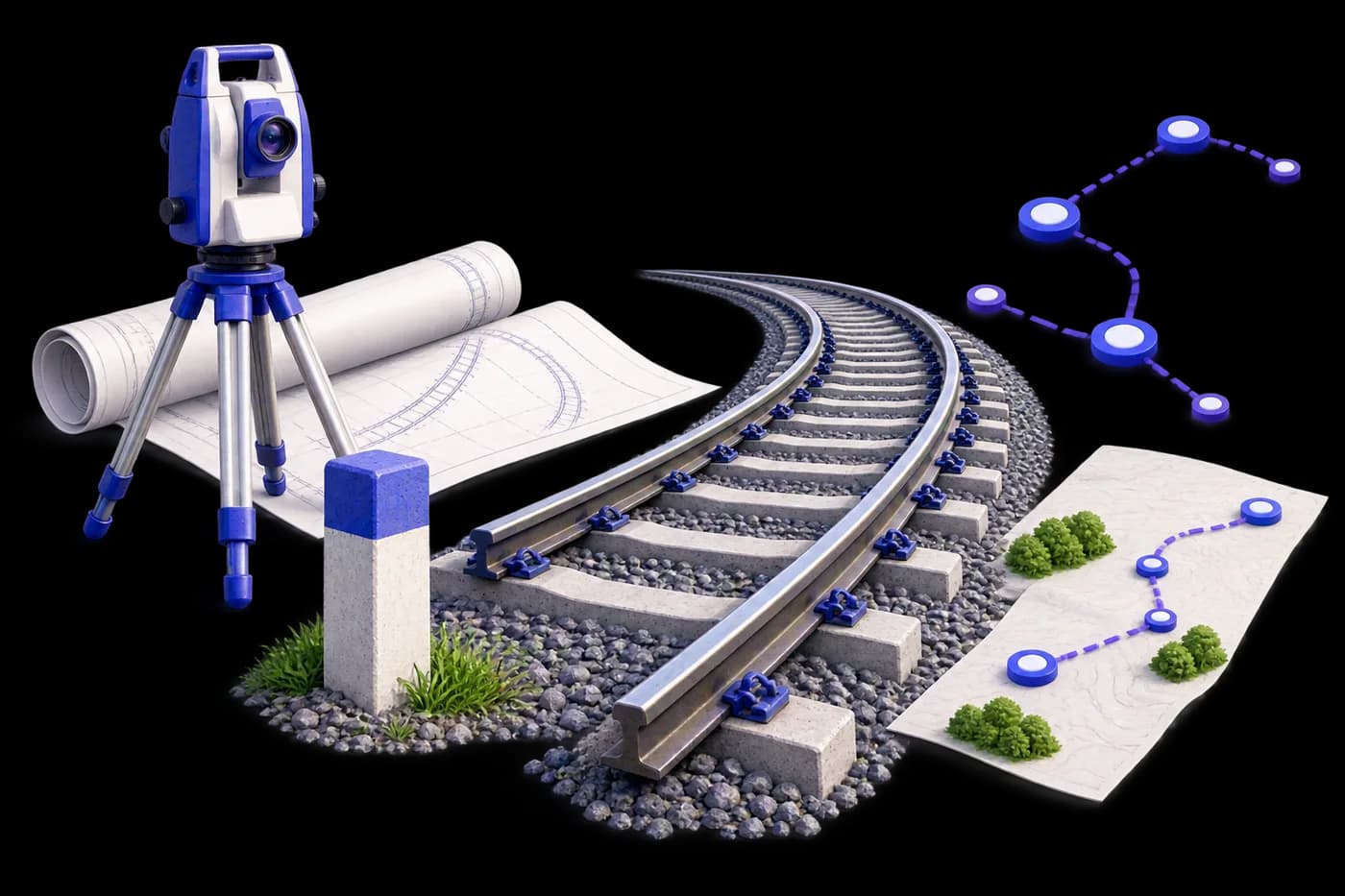 Railway planning illustrated through track engineering, a railway survey marker and a proposed-connection line with railway nodes