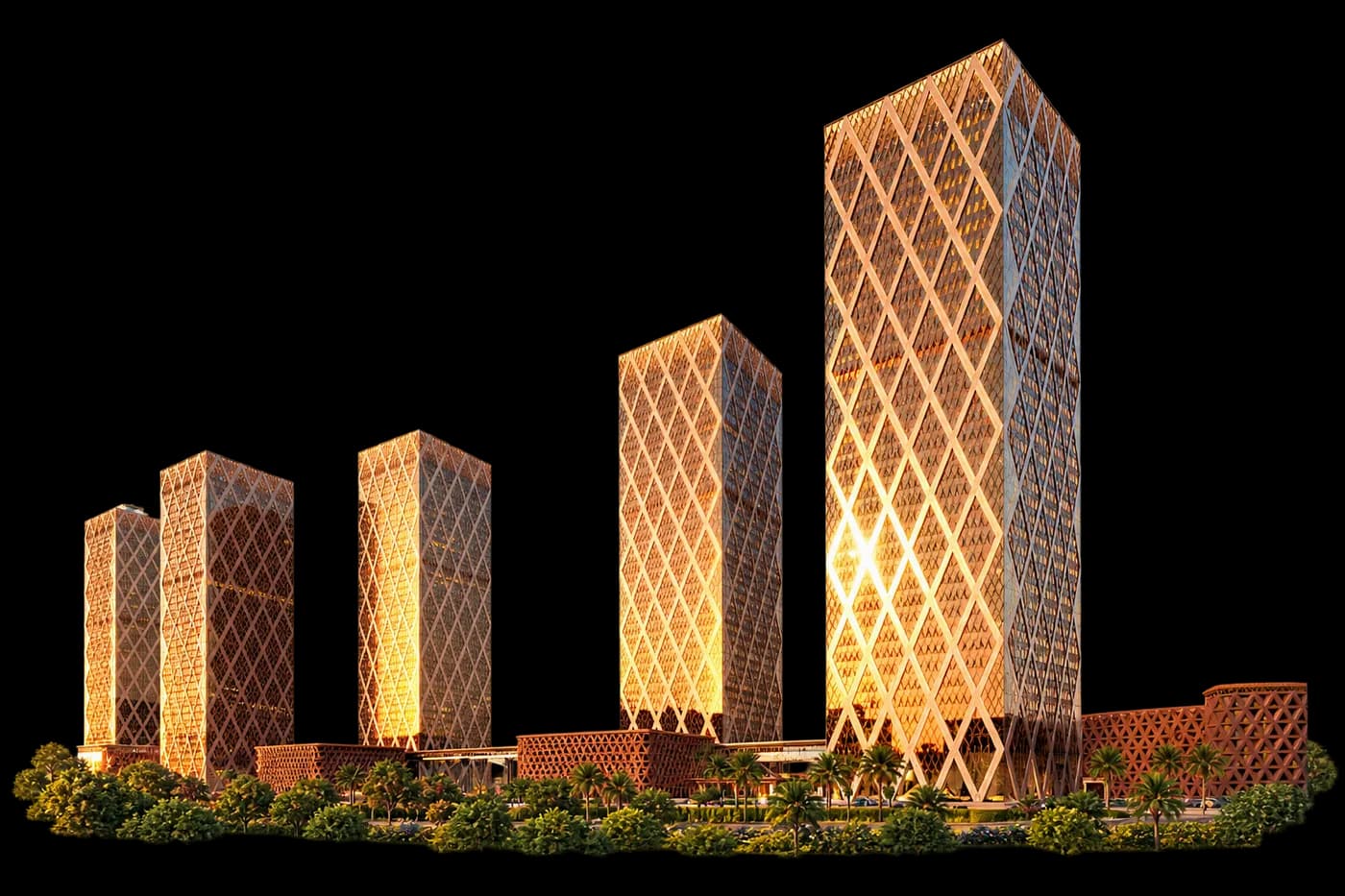 Five government towers with diamond-pattern facades