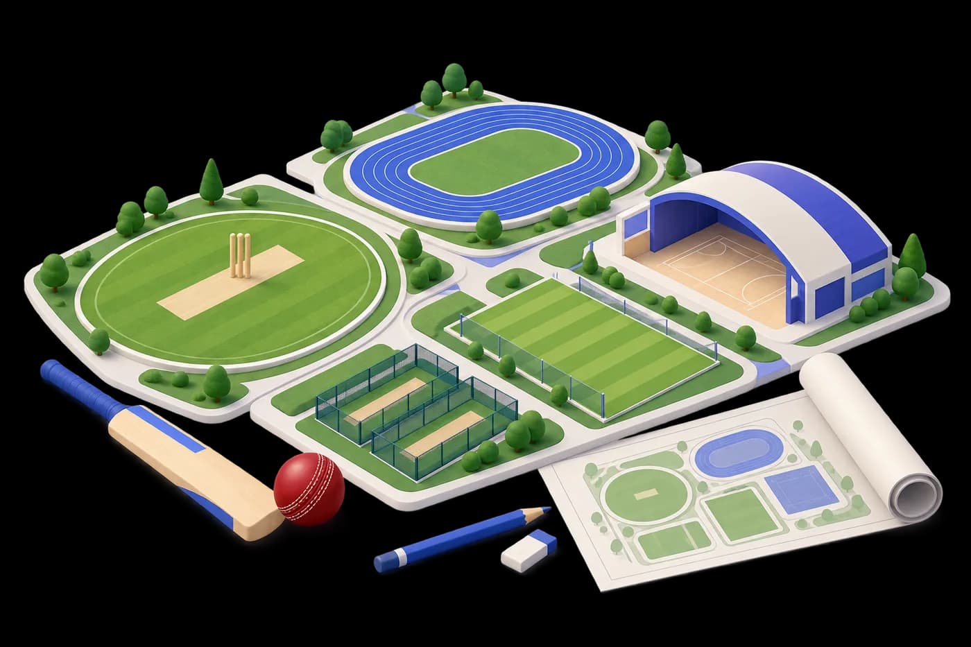 Cricket, athletics, indoor sports and practice-ground symbols on a planning board.