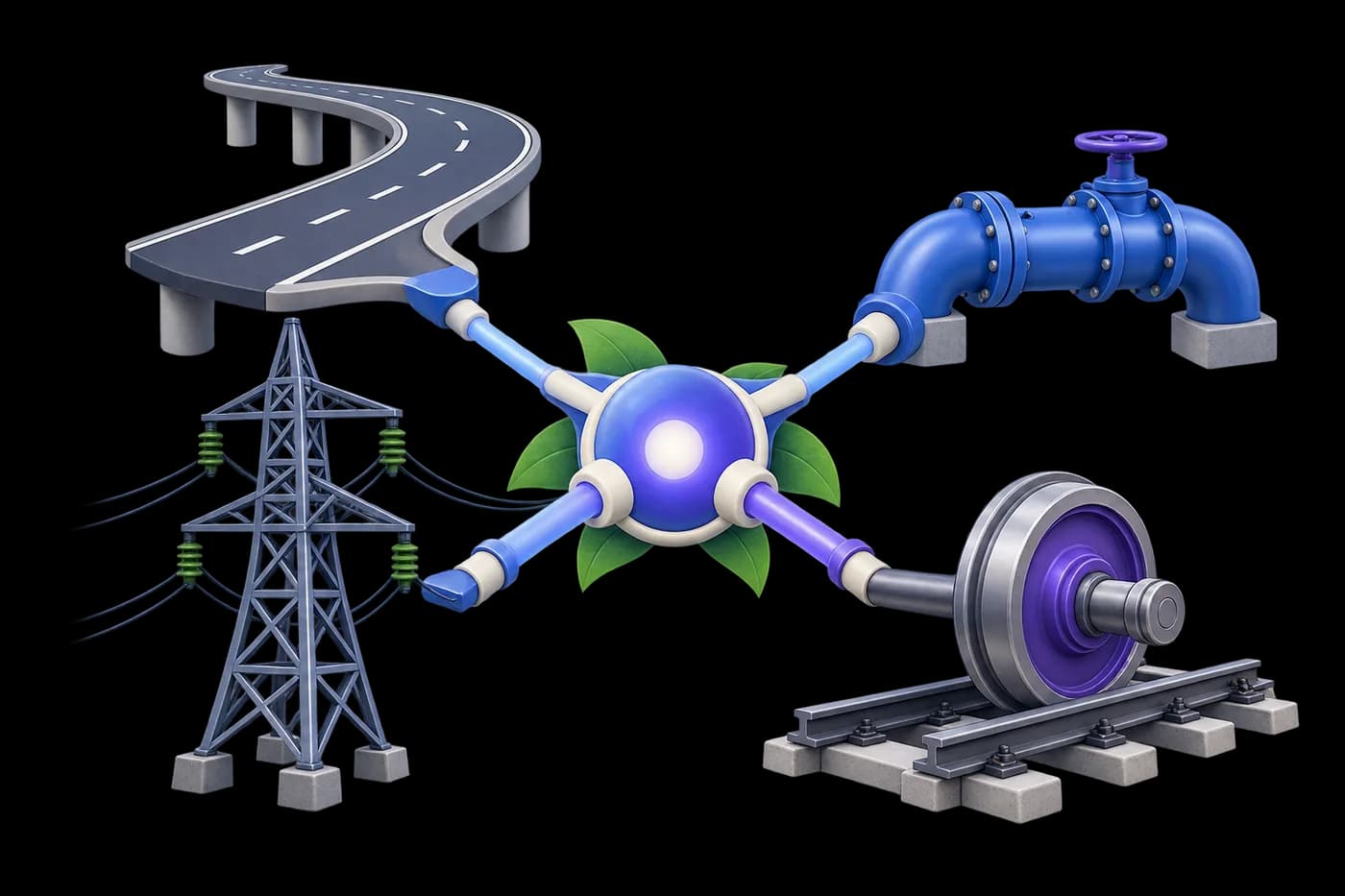 A road strip, water pipe, electric pylon and rail wheel arranged around an abstract central connection node
