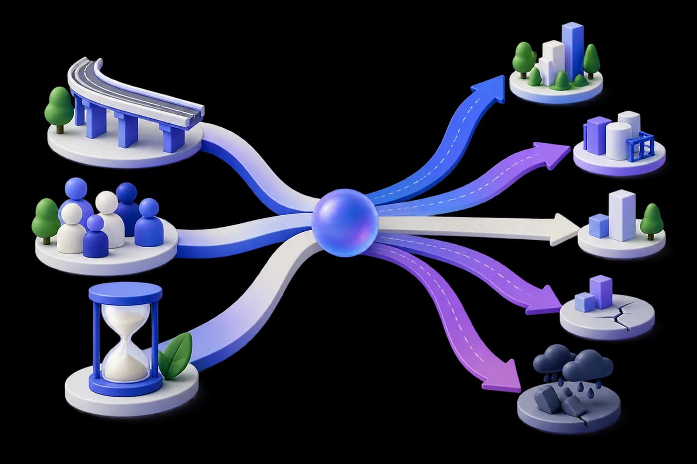 Several branching paths showing how infrastructure, demand and time can lead to different future values.