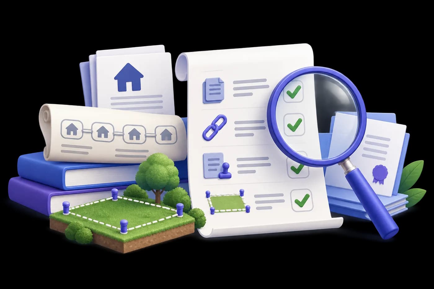 Property due-diligence checklist with title chain, encumbrance, approvals and boundaries cross-checked by a magnifying lens