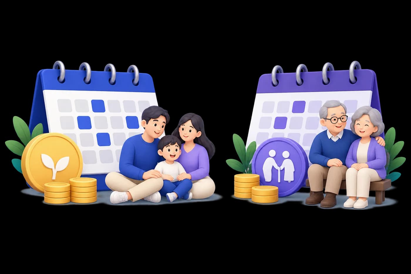 Two calendars side by side, one for the yearly annuity and one for the monthly pension, with the families each one supports.