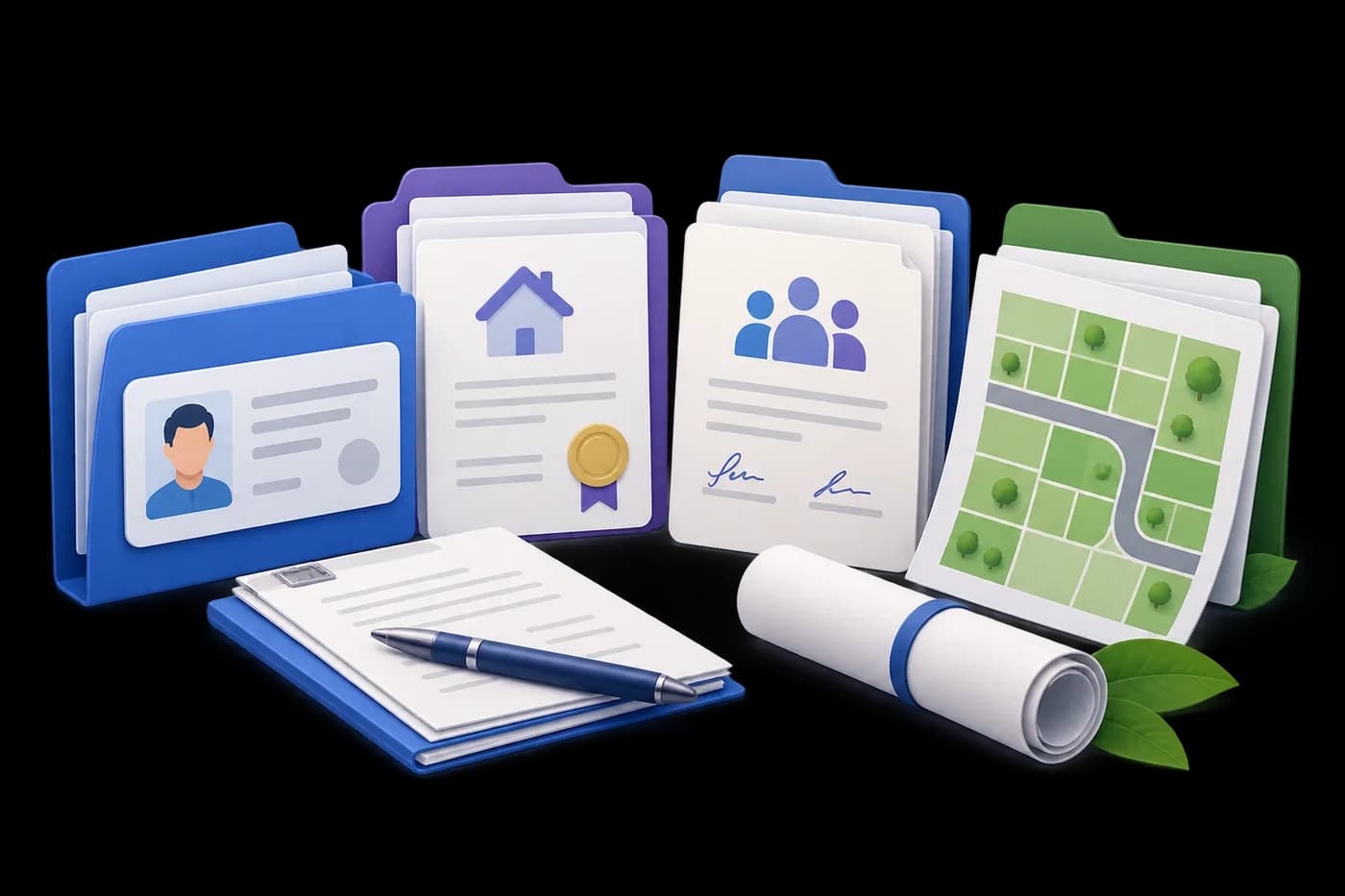 Land-pooling papers sorted into identity, ownership, consent and allotment sheets.